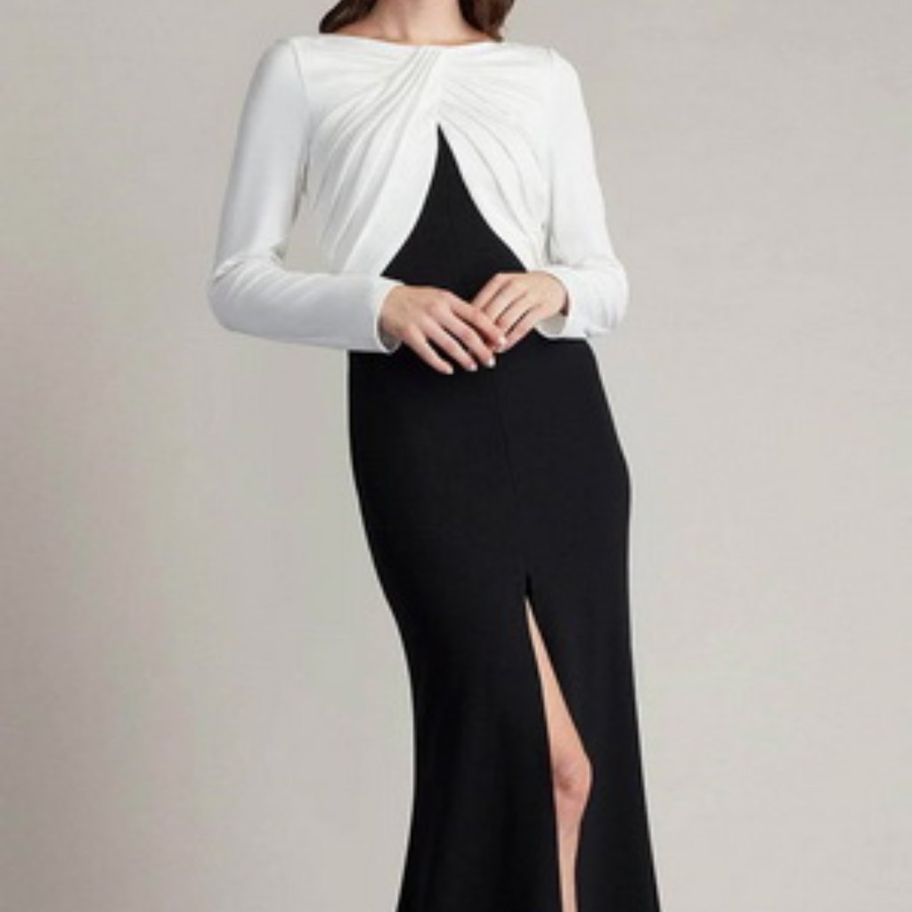 Tadashi Shoji Black Ivory Nelson Bateau Long-Sleeve Crepe Sheath Gown